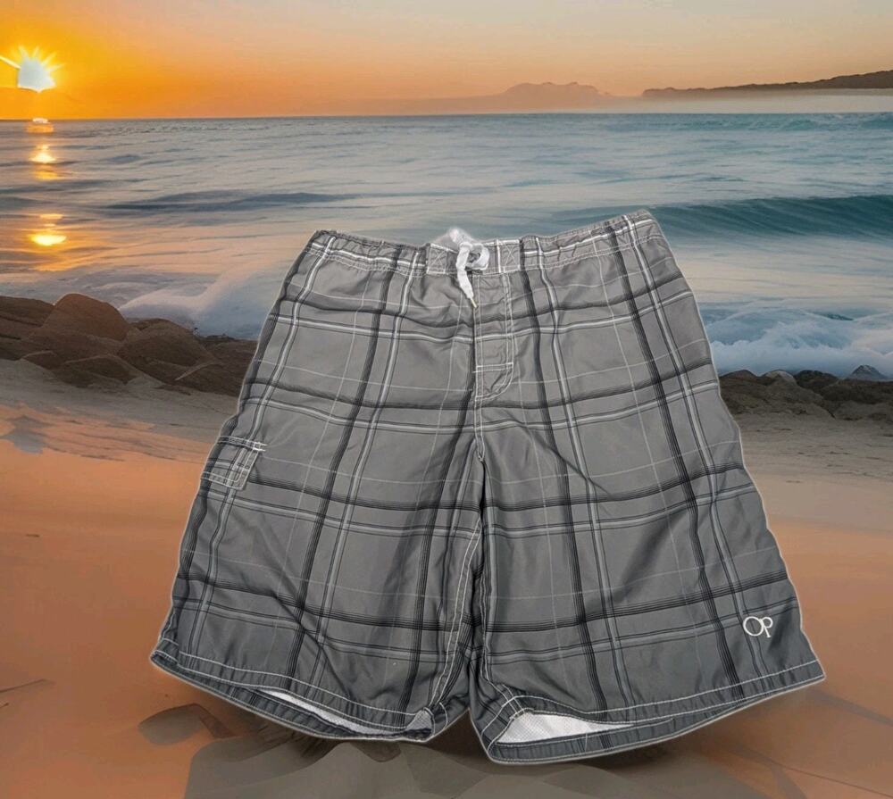 OP (Ocean Pacific) Men's Gray Plaid Board Shorts/Swim Trunks SIZE XL 40 42 Lined